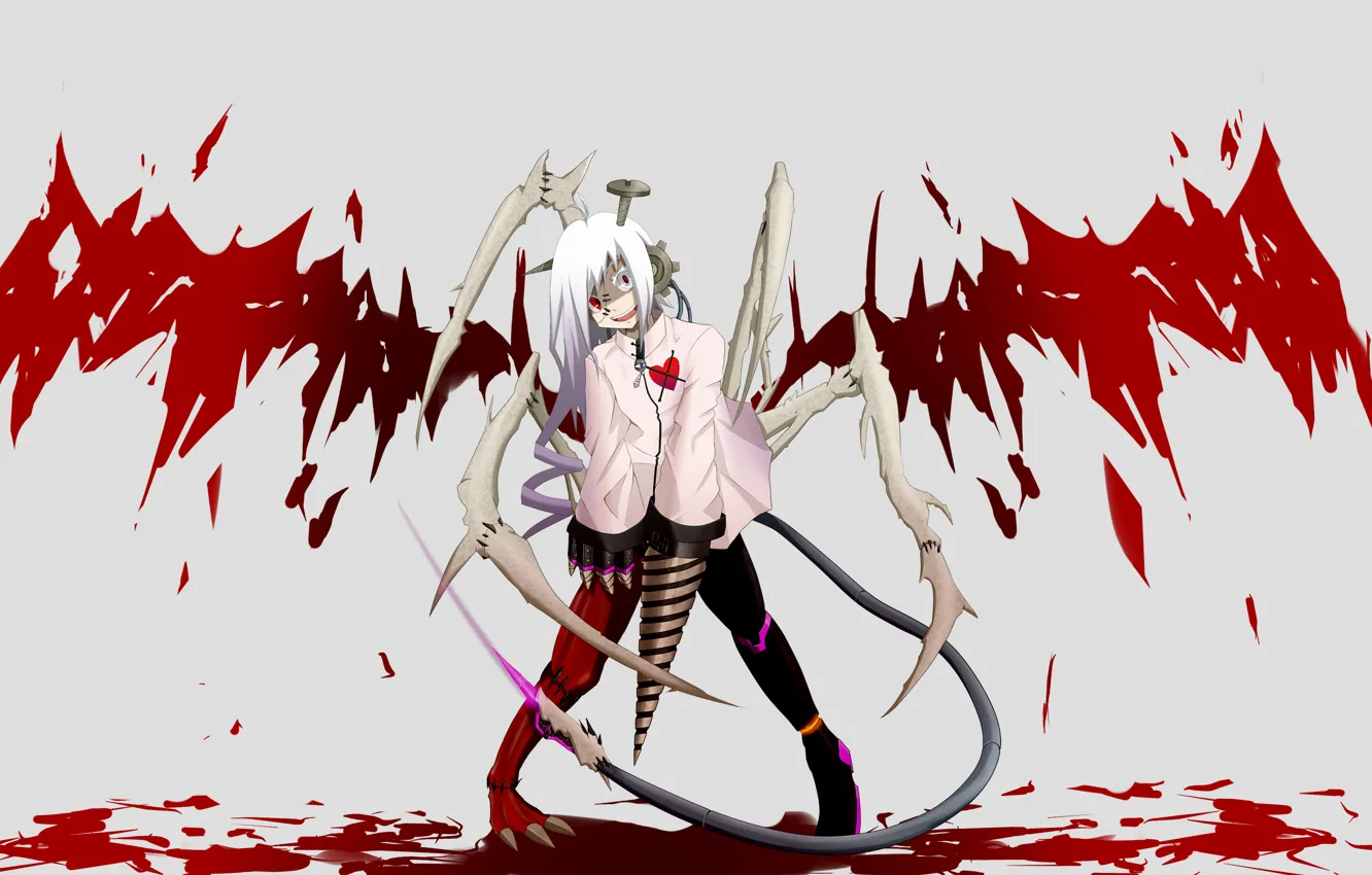 Фото обои девушка, кровь, механизм, крылья, аниме, арт, кости, нитки