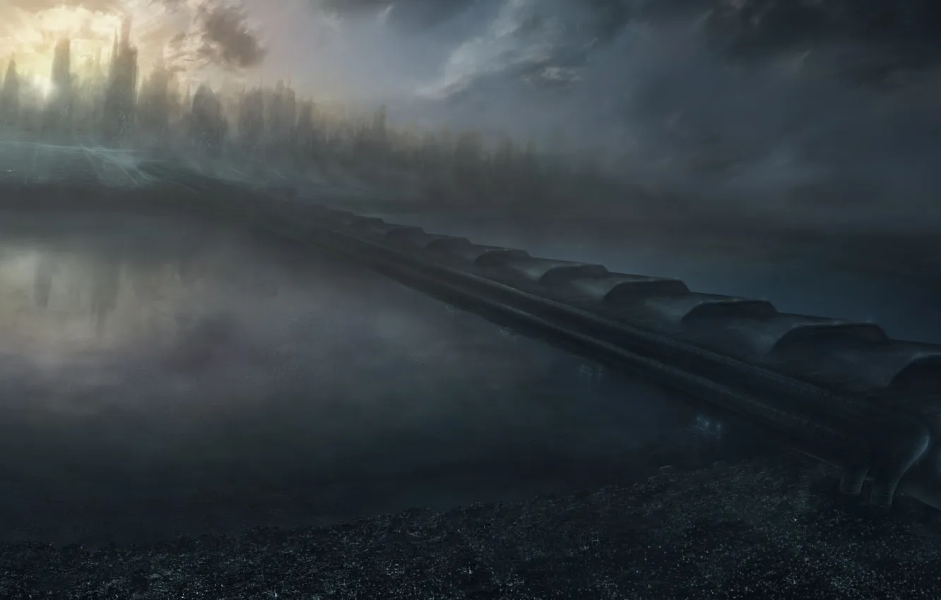 Фото обои дорога, мост, город, туман, река, туннель, дымка, смог