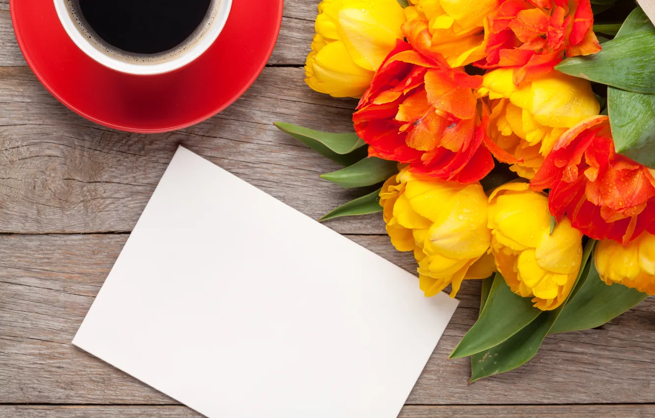 Фото обои цветы, кофе, букет, romantic, tulips, тольпаны