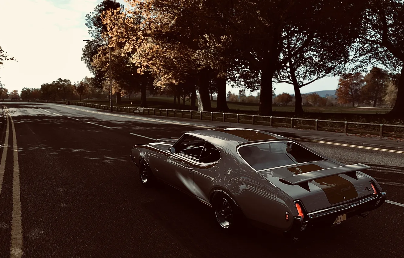 Фото обои HDR, Autumn, Street, Game, Muscle Car, Trees, Leaves, Hurst