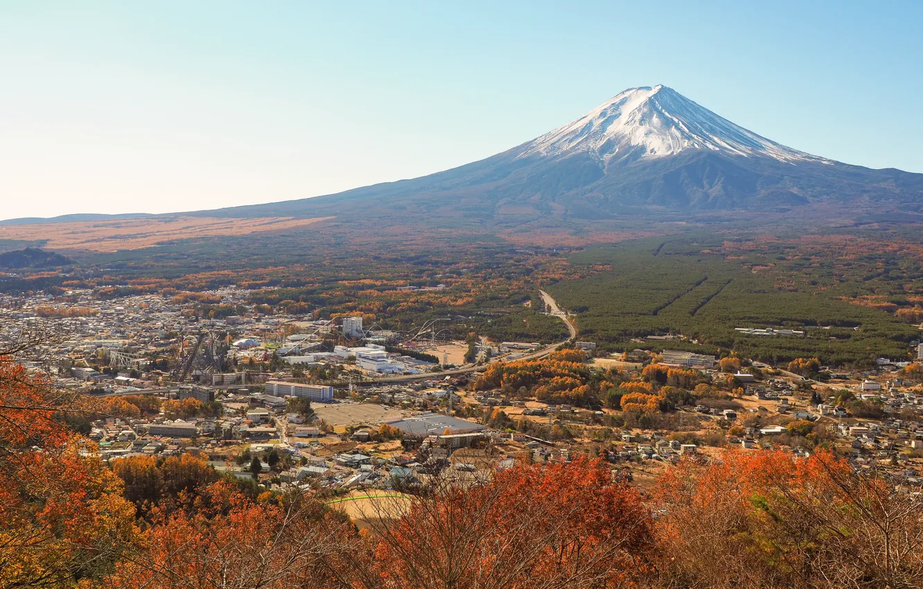 Фото обои горы, город, вулкан, панорама