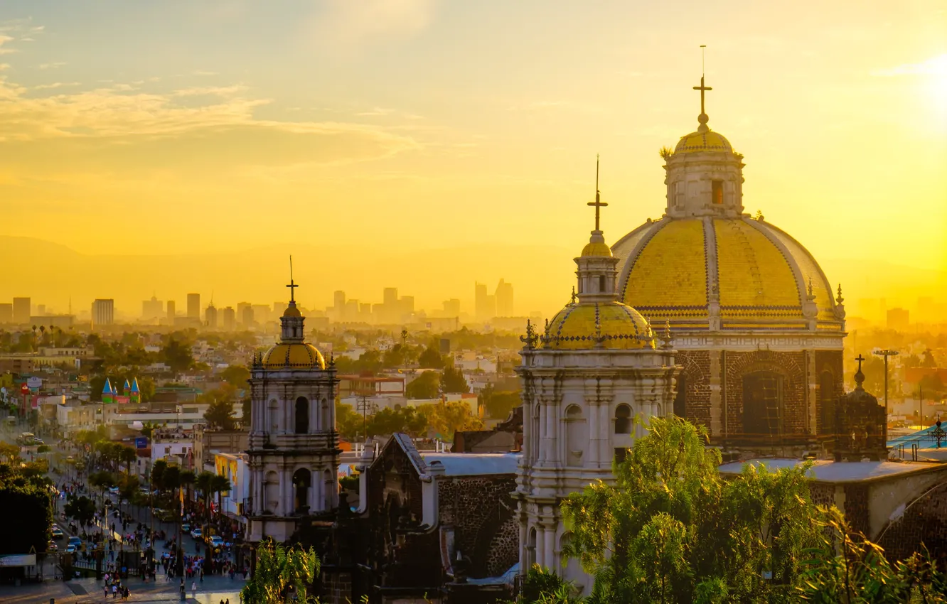 Фото обои закат, Мексика, панорама, собор, купол, Мехико