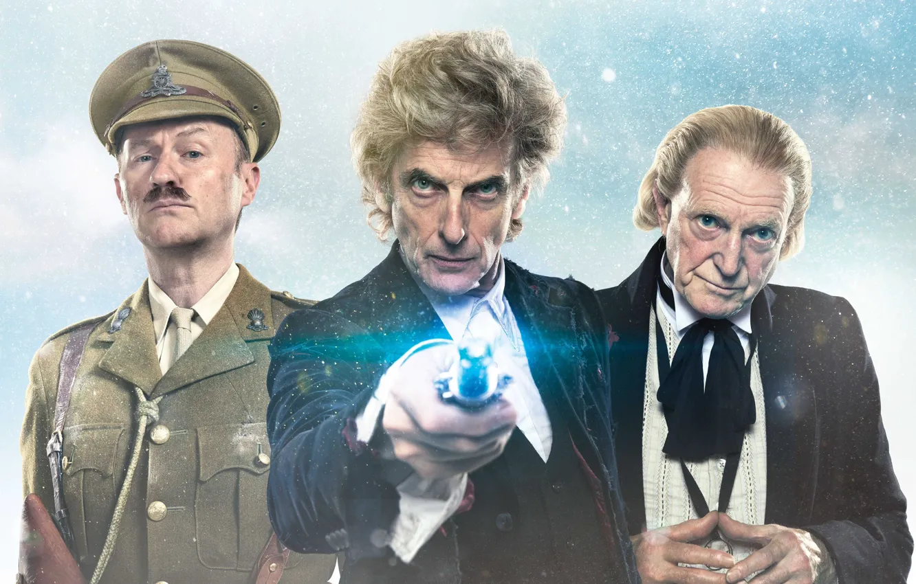 Фото обои зима, снег, капитан, Doctor Who, Доктор Кто, Mark Gatiss, Марк Гэтисс, sonic screwdriver