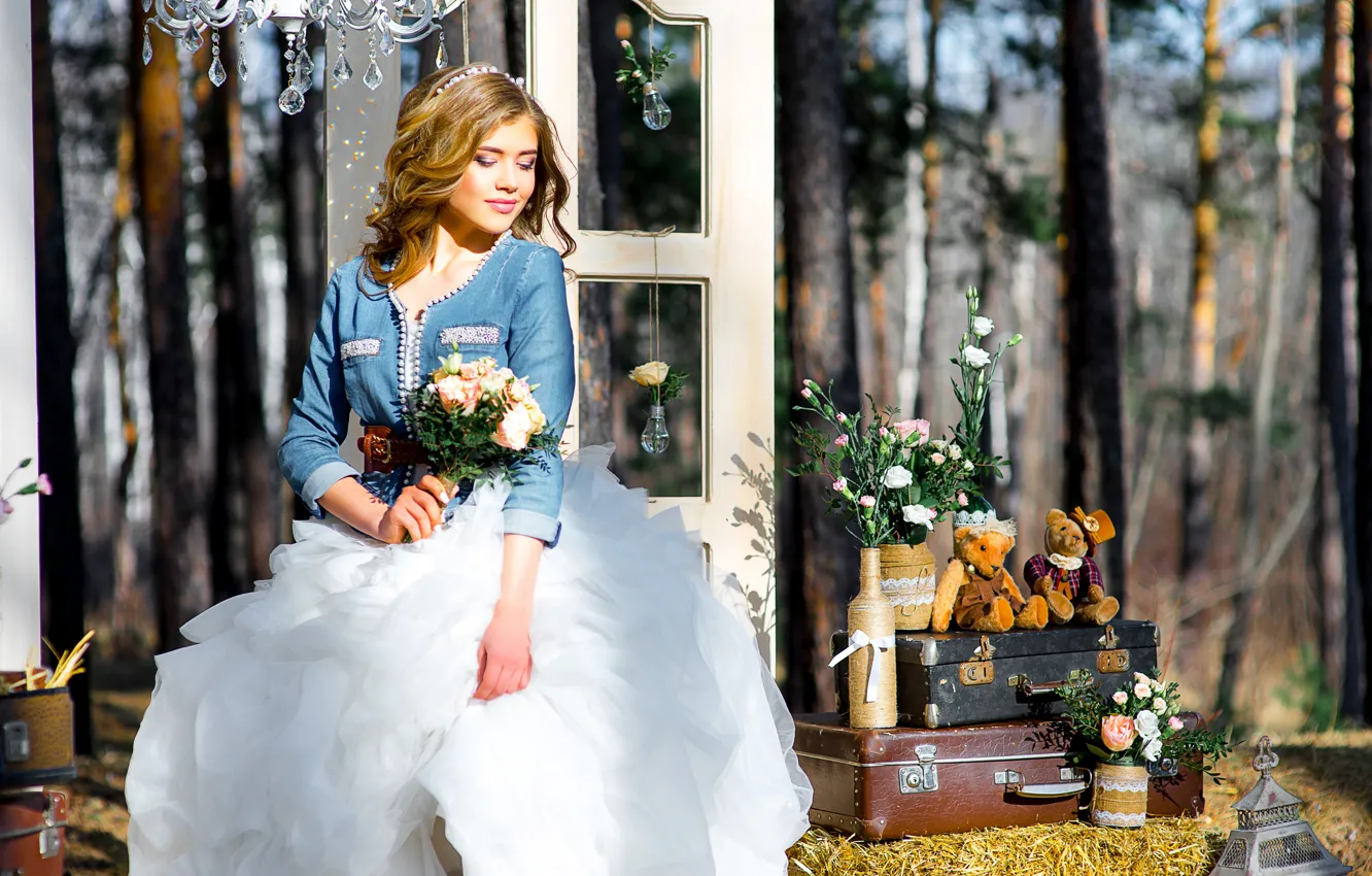 Фото обои праздник, букет, мишка, чемодан, невеста, свадьба, декор