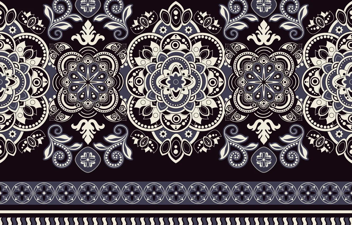 Фото обои белый, синий, узор, черный фон, орнамент, pattern, seamless