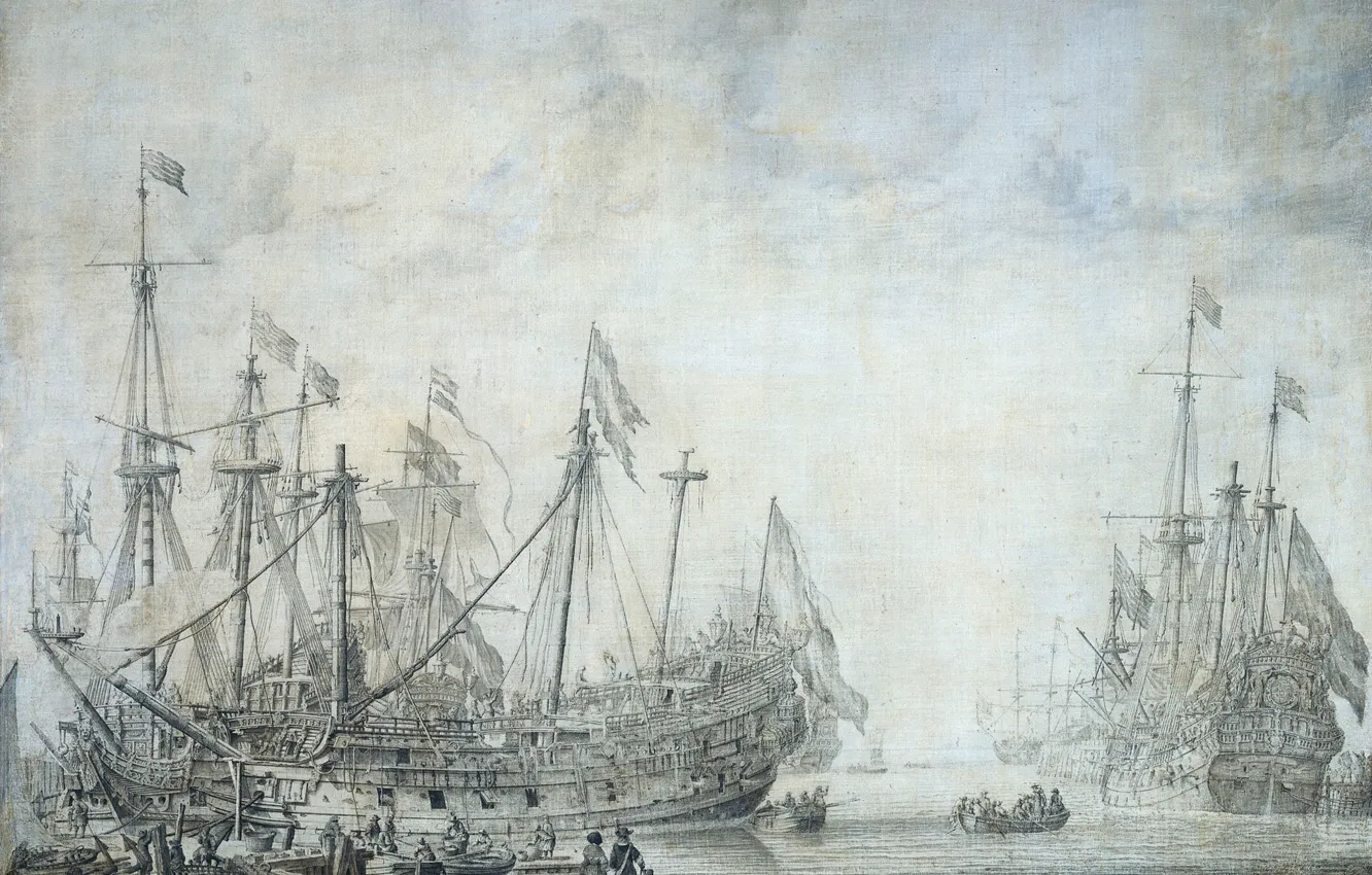 Фото обои картина, чернила, холст, 1672, Willem van de Velde I, Виллем ван де Велде Старший, Корабли …