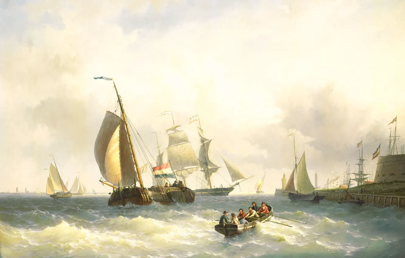 Фото обои корабль, картина, парус, морской пейзаж, Willem Gruyter Jr., На Рейде у Бремерхафена