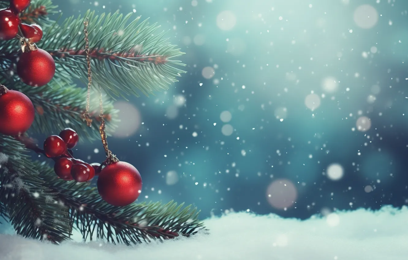 Фото обои зима, снег, украшения, шары, Новый Год, Рождество, red, golden