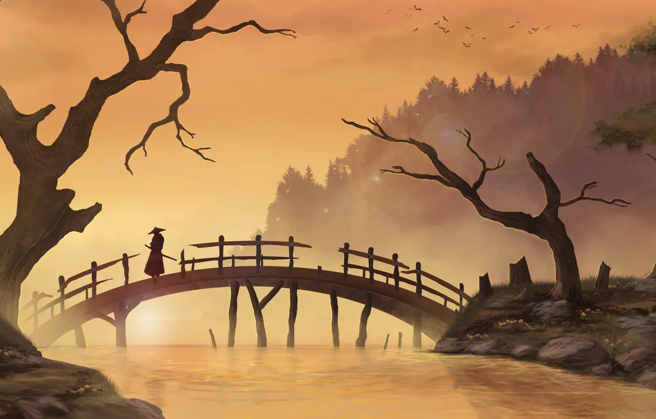 Фото обои деревья, мост, река, азия, арт, самурай, мужчина