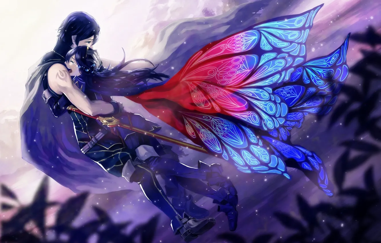 Фото обои девушка, оружие, крылья, меч, аниме, слезы, арт, объятия