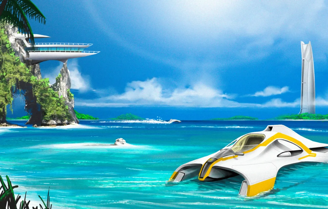 Фото обои море, трава, вода, камни, пальмы, скалы, башня, tower