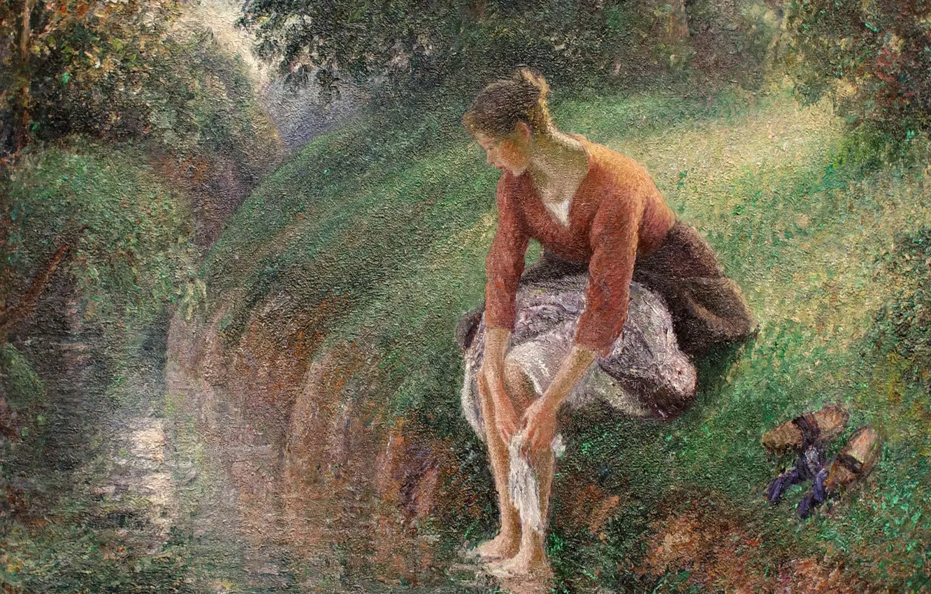 Фото обои природа, ручей, картина, жанровая, Камиль Писсарро, Молодая Женщина Моющая Ноги