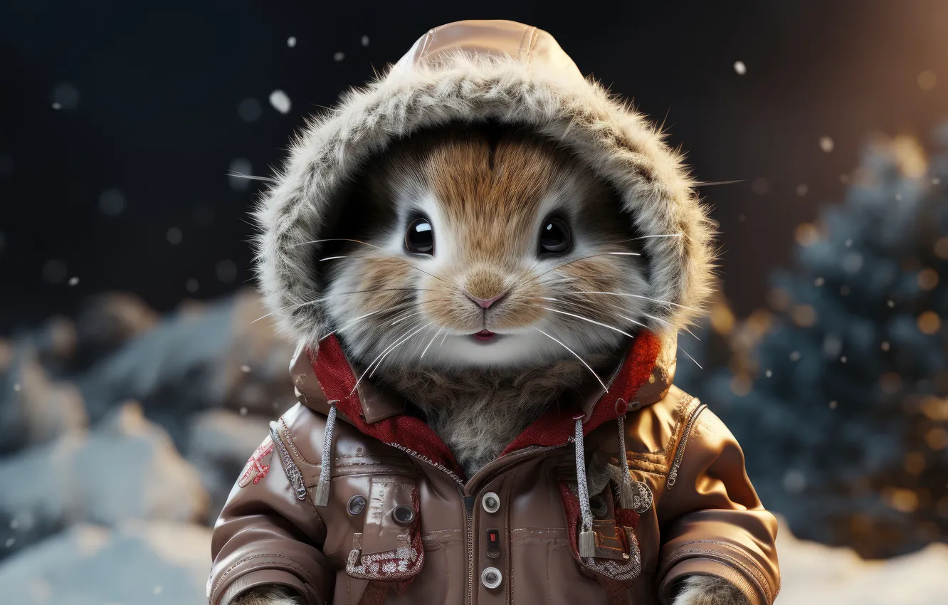 Фото обои зима, снег, игрушка, заяц, кролик, Рождество, Новый год, зайчик