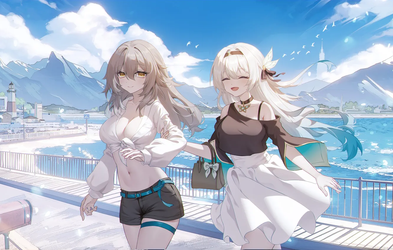 Фото обои anime, blonde, anime girls, petite, belly button, slim body, looking at viewer, bare midriff