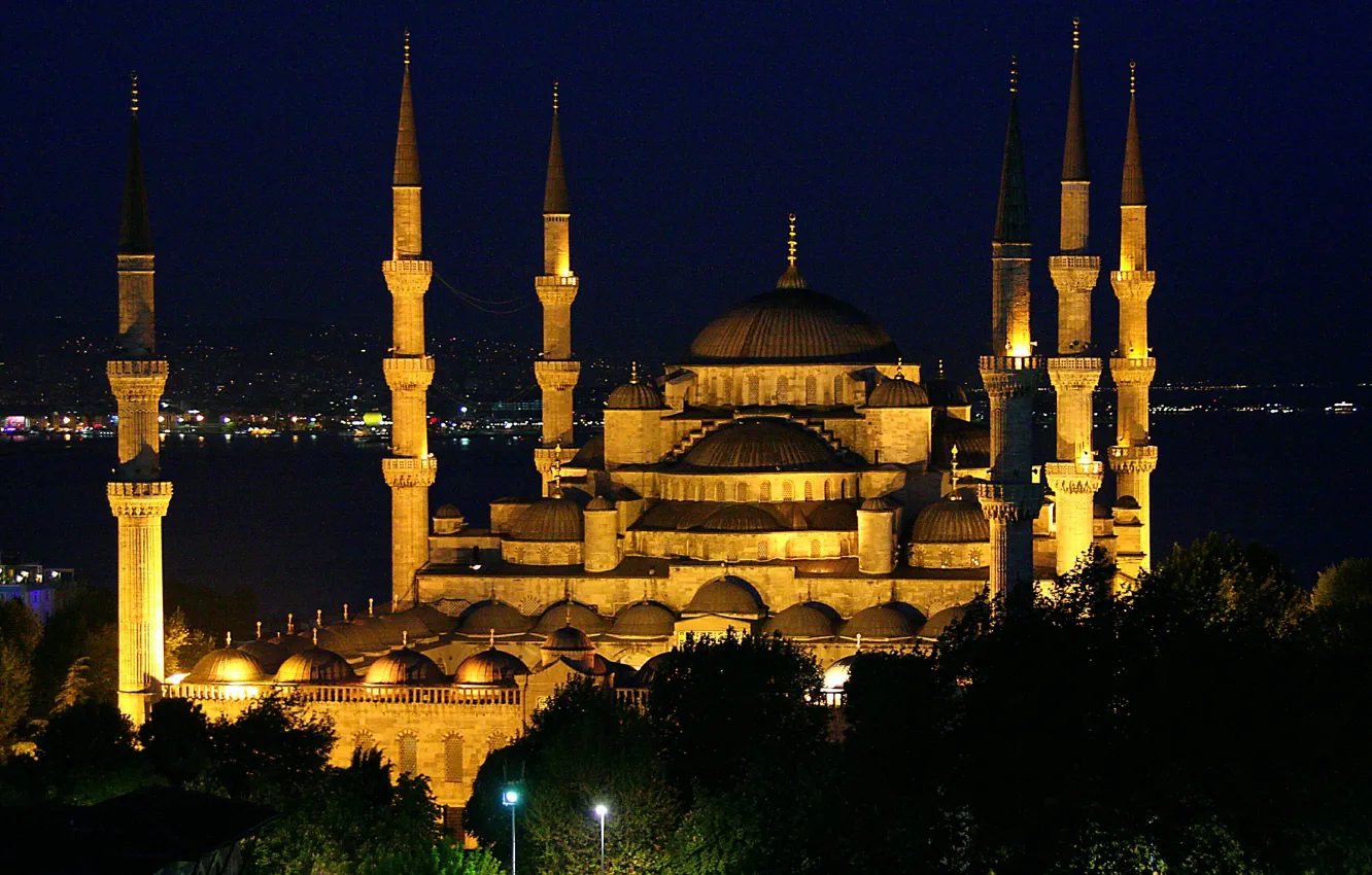 Фото обои ночь, мечеть, Стамбул, Турция, night, Istanbul, Mosque, Султанахмет