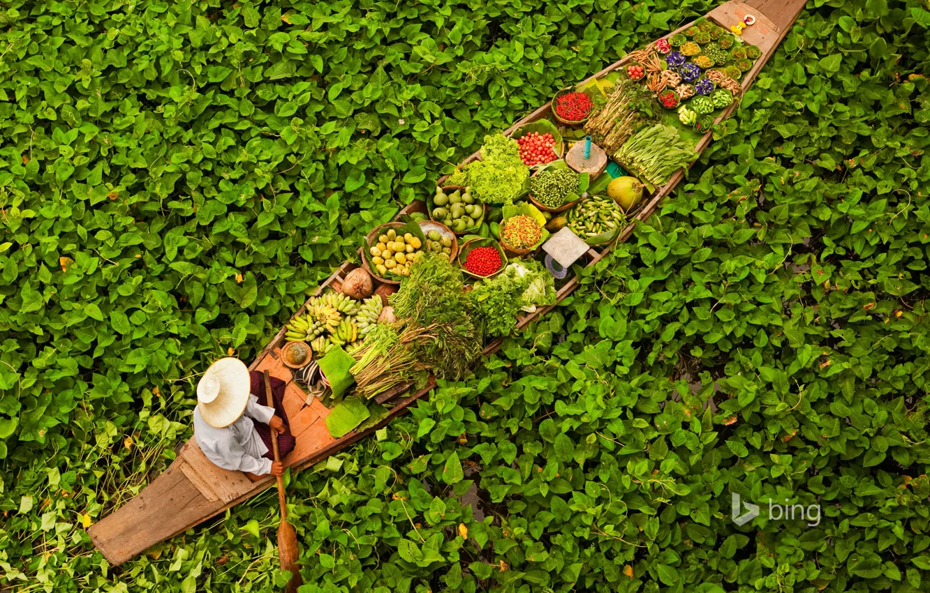 Фото обои листья, вода, лодка, Таиланд, фрукты, Бангкок, овощи, плавучий рынок