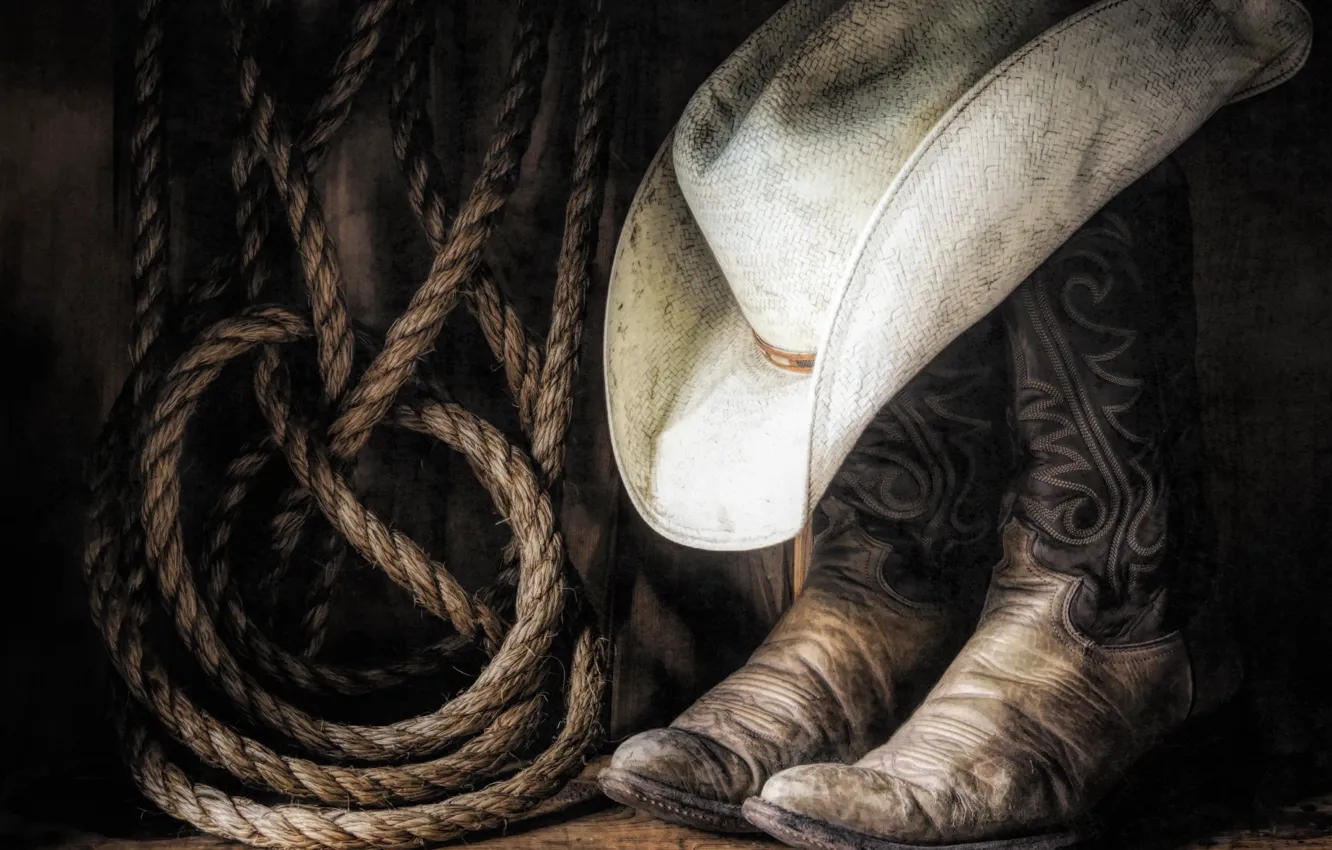 Фото обои шляпа, сапоги, веревка, ковбой