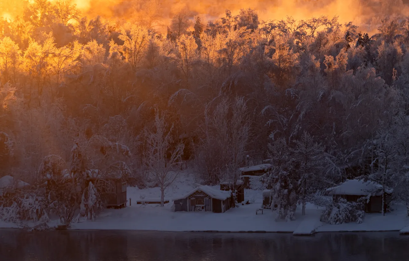 Фото обои winter, snow, dawn, cabins