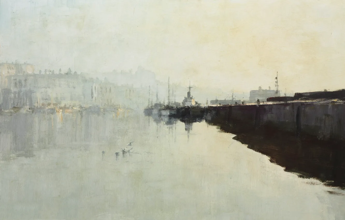 Фото обои пейзаж, туман, картина, пирс, Эдуард Сиго, Утренняя Мгла в Рамсгите