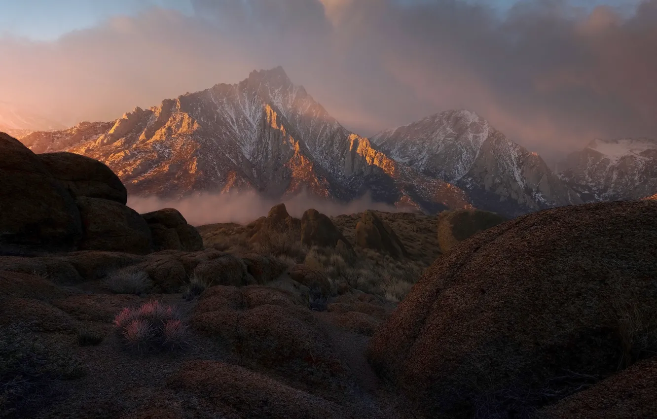 Фото обои свет, горы, туман