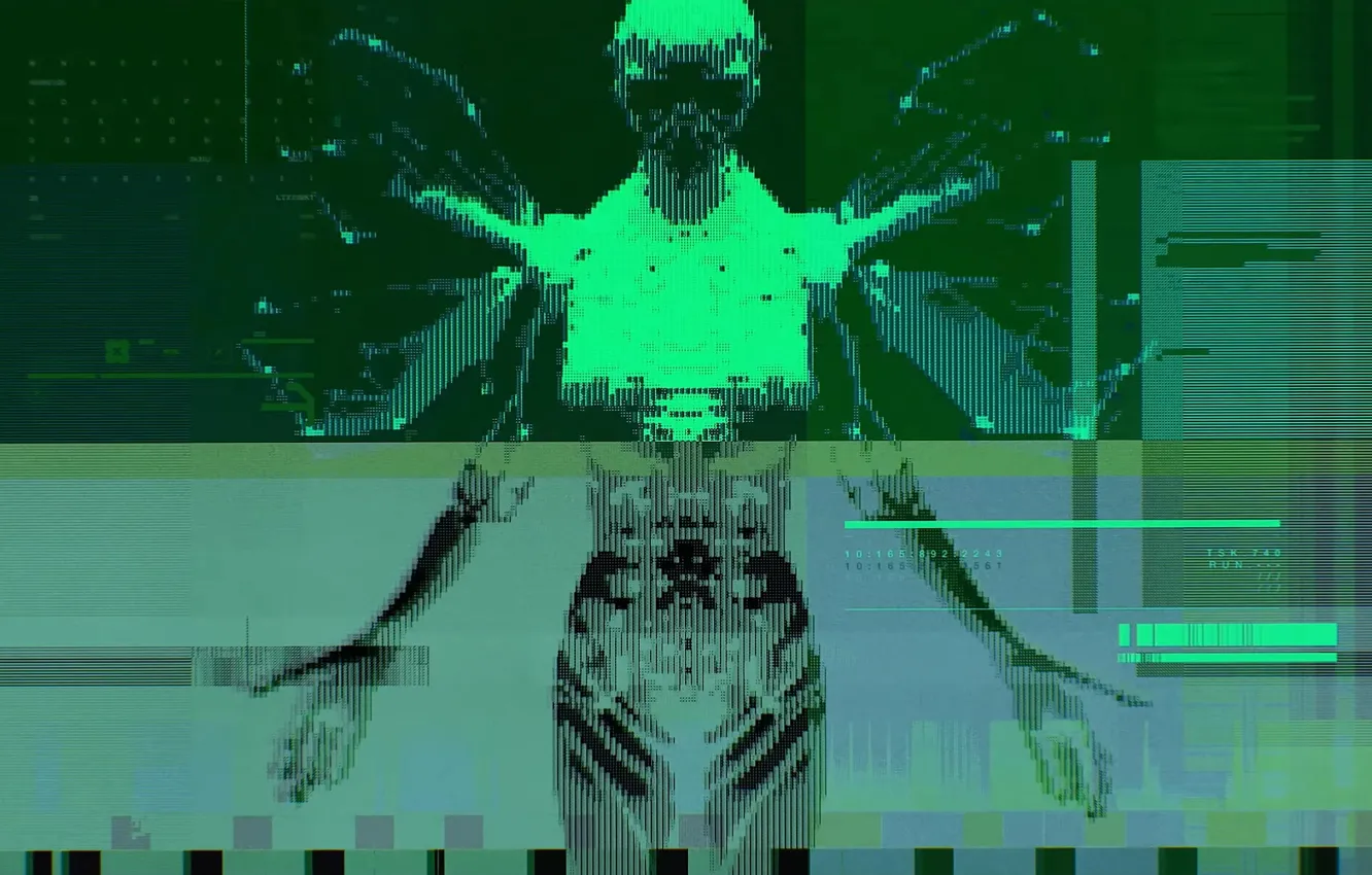 Фото обои череп, ангел, текстура, фигура, код, зелёный, киберпанк, Bungie