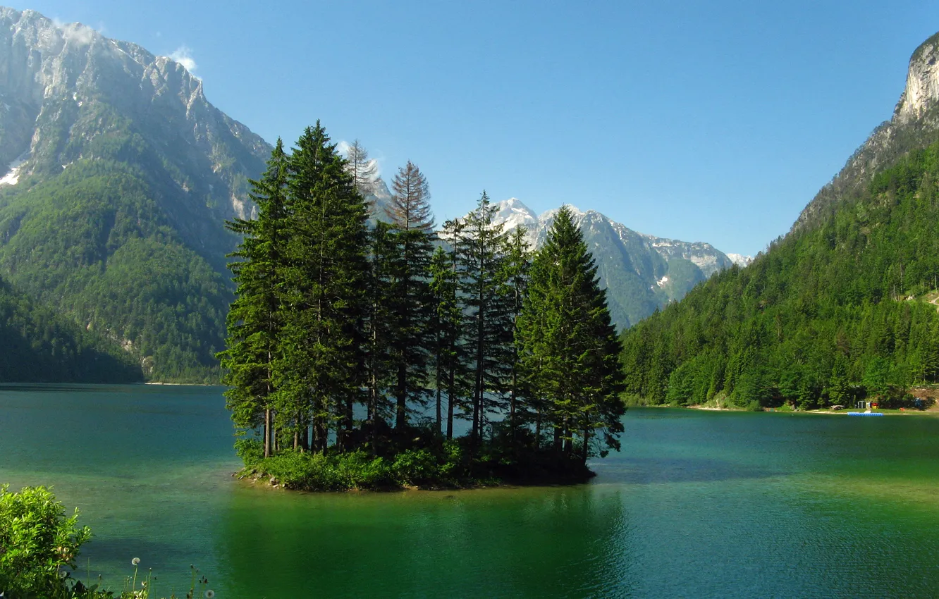 Фото обои вода, деревья, горы, природа, озеро, остров