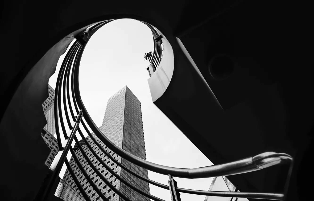 Фото обои skyscraper, Singapore, black and white, staircase, stairs, b/w, Downtown Core, Marina Centre