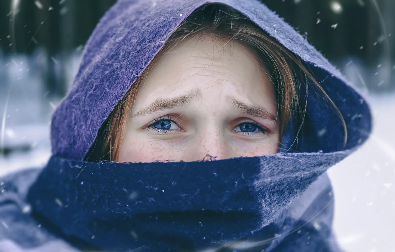 Фото обои снег, портрет, шарф, девочка, Алексей Аксёнов
