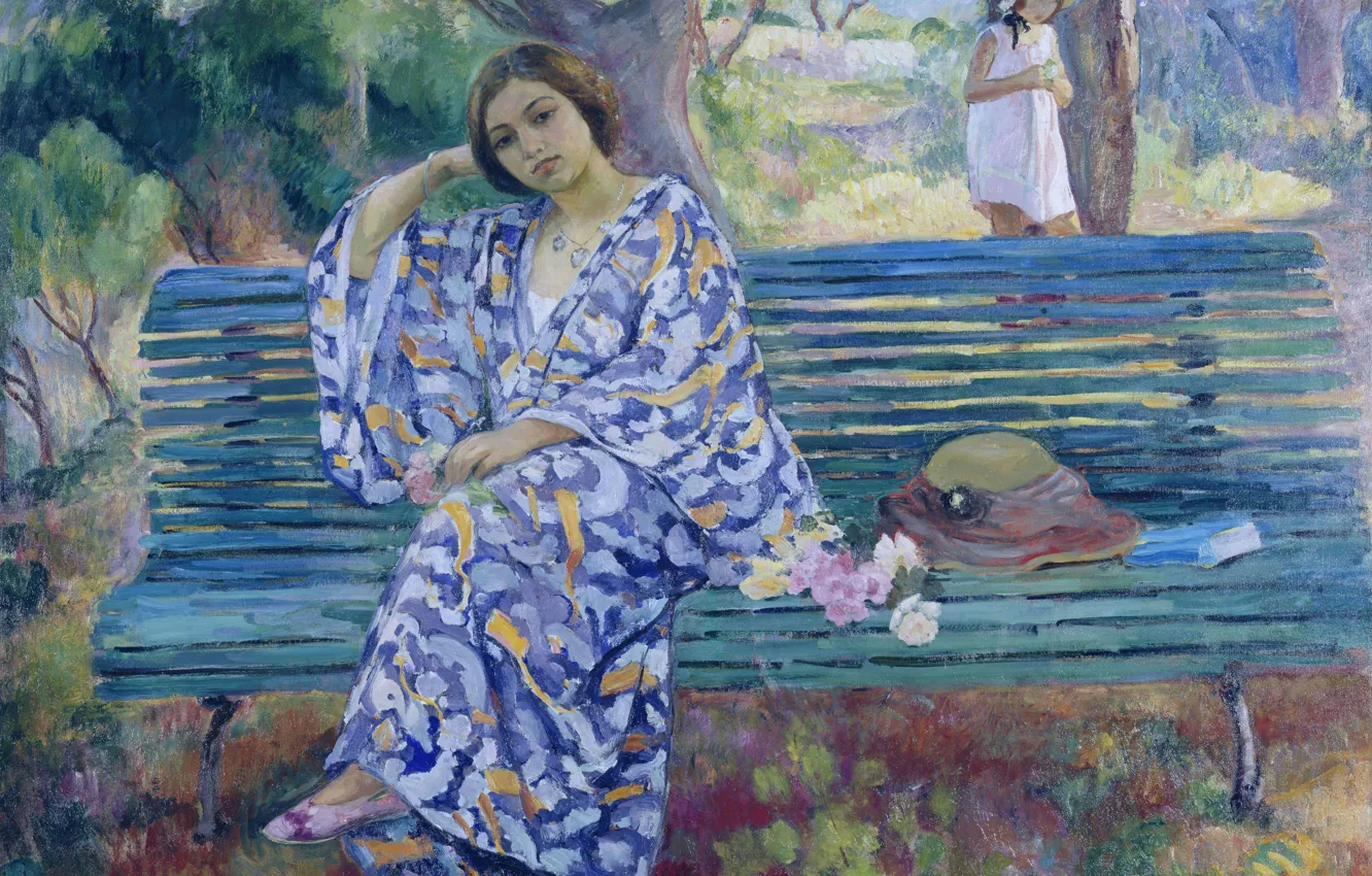 Фото обои девушка, парк, картина, сад, скамья, жанровая, Анри Лебаск, Young Woman Seated on a Bench