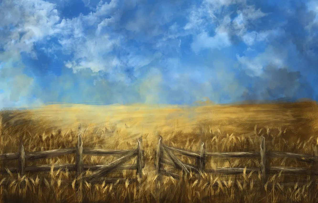 Фото обои пшеница, поле, лето, облака, забор, арт, колосья