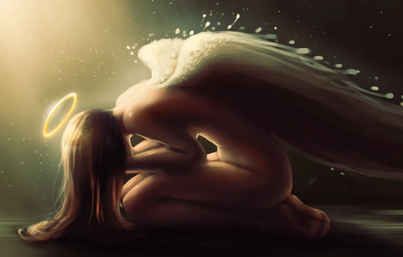 Фото обои девушка, крылья, ангел, арт, нимб, густь