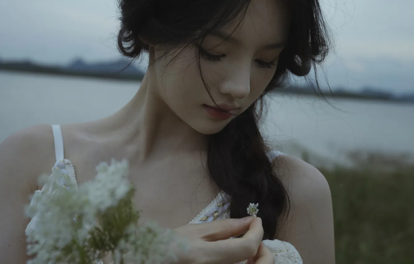 Фото обои Beautiful, Asian, Model, Water, Cloudy, Woman, Evening, River