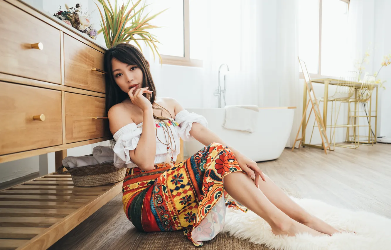 Фото обои девушка, поза, азиатка