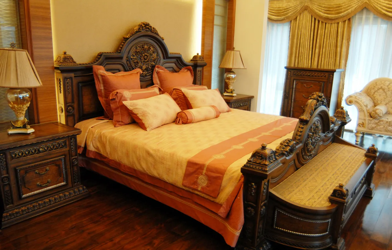 Фото обои дизайн, стиль, лампа, кровать, интерьер, кресло, подушки, спальня