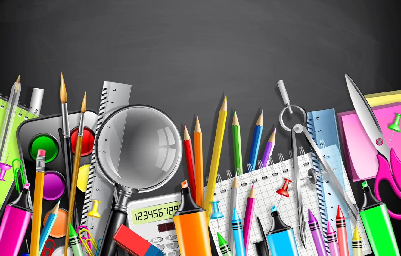 Фото обои бумага, краски, вектор, карандаши, ручка, лупа, ножницы, линейка