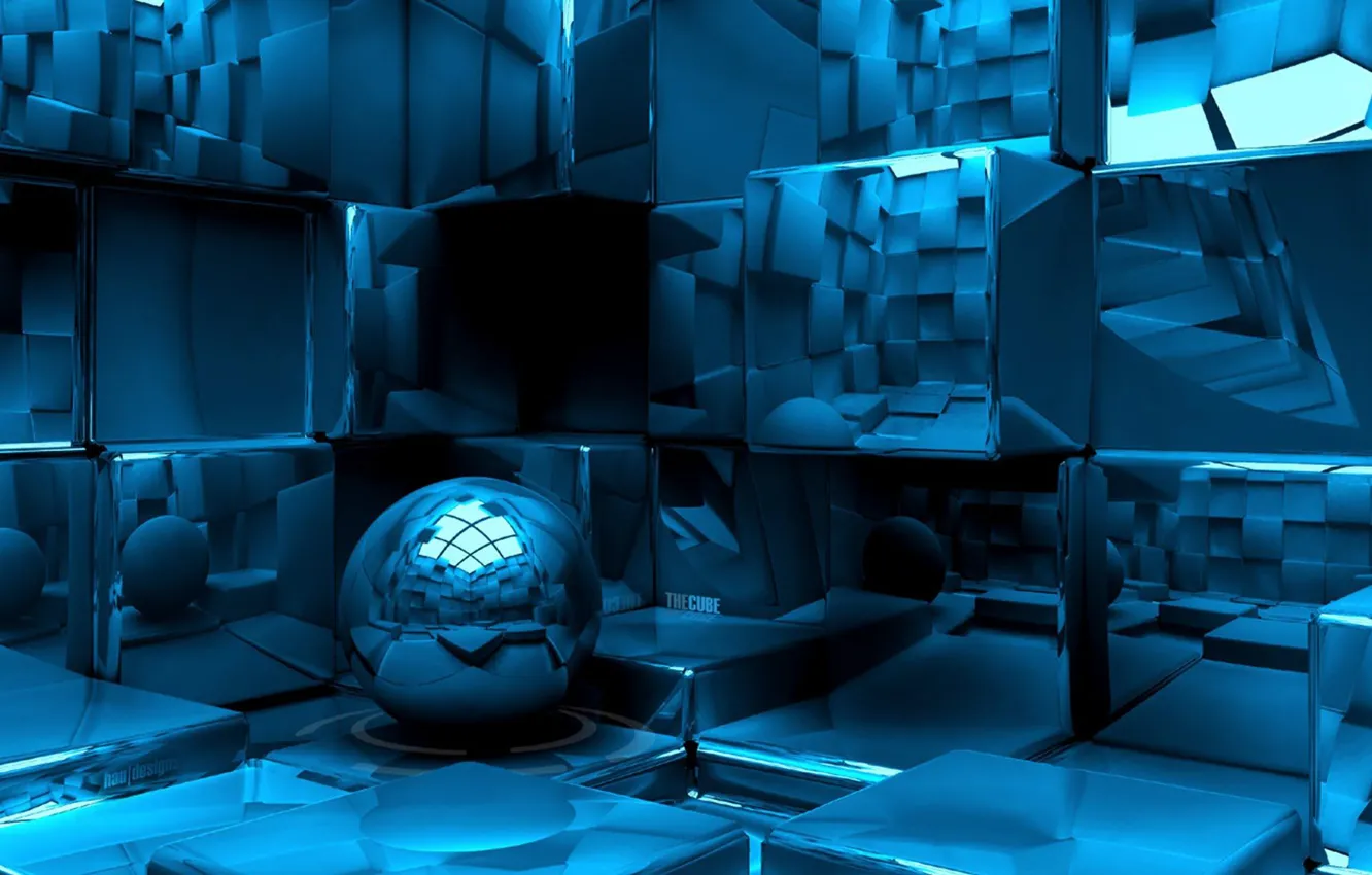 Фото обои отражение, кубы, шар, cubes, reflection, ball, 3D графика, геометрические фигуры