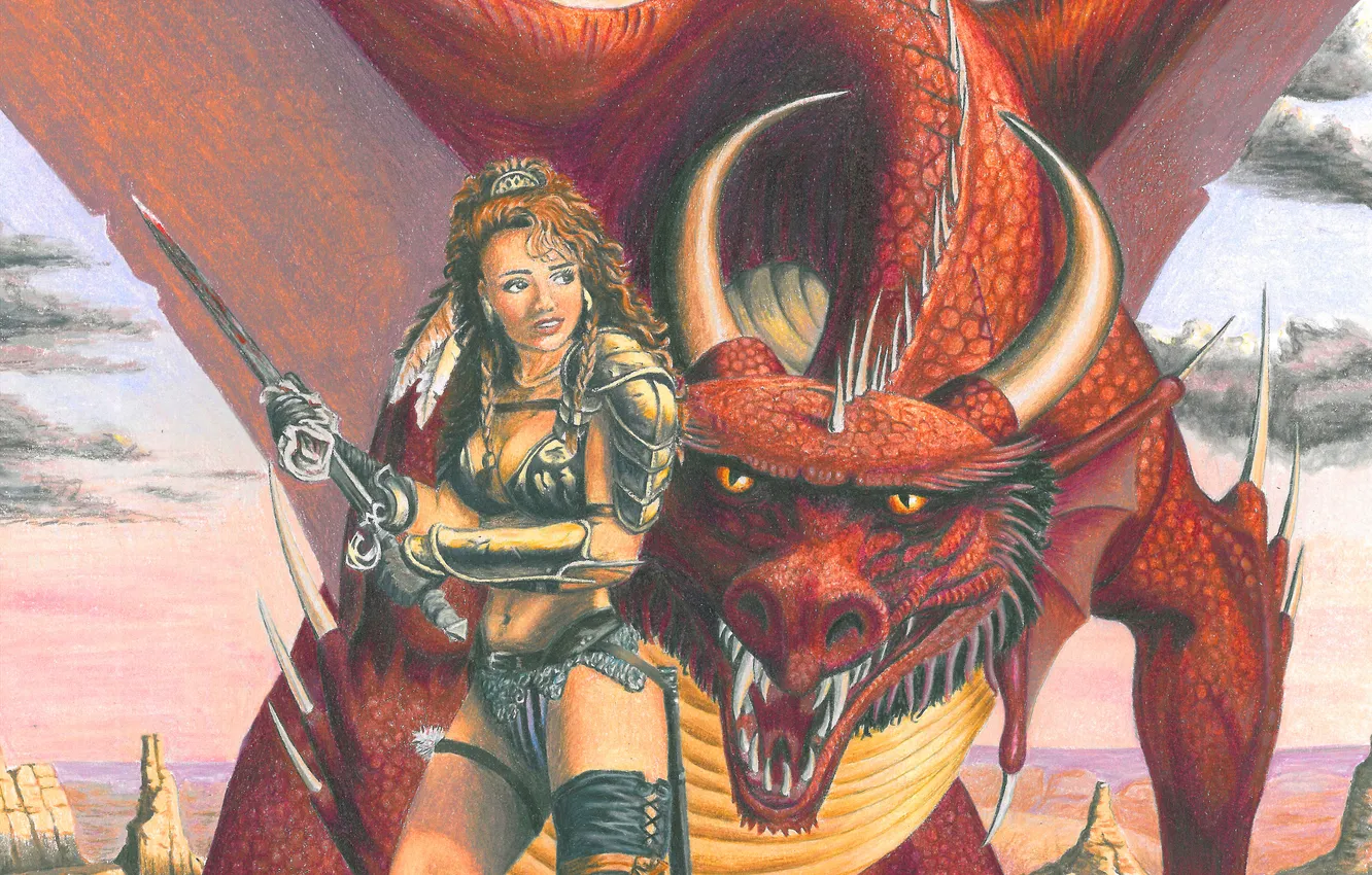 Фото обои Девушка, Дракон, Воительница, Арт, Larry Elmore, Ларри Элмор