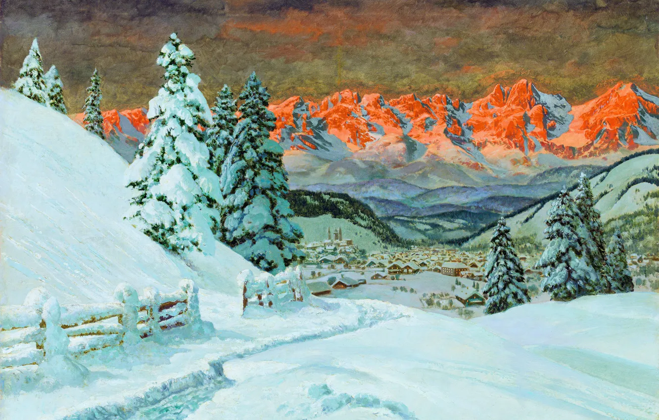 Фото обои Дома, Горы, Снег, Картина, Alois Arnegger, Ели, Алоис Арнеггер, Австрийский живописец