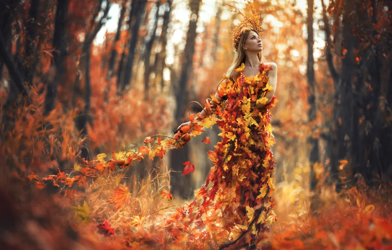 Фото обои листья, арт, Autumn spell, леди осень, девушка осень