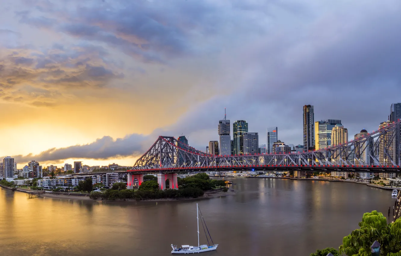 Фото обои мост, река, рассвет, дома, яхта, Австралия, Chinatown, Queensland