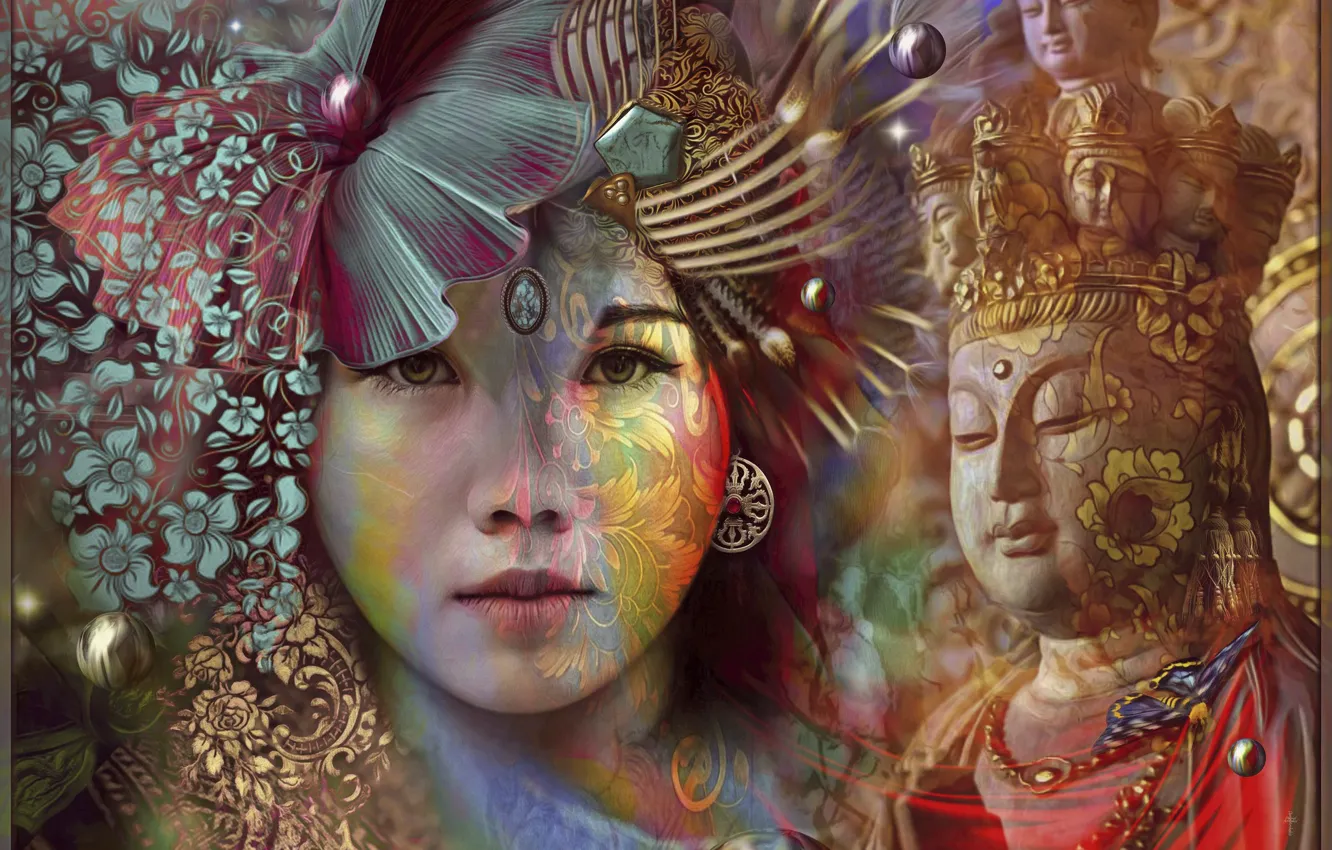 Фото обои девушка, цветы, коллаж, арт, Китай, статуя