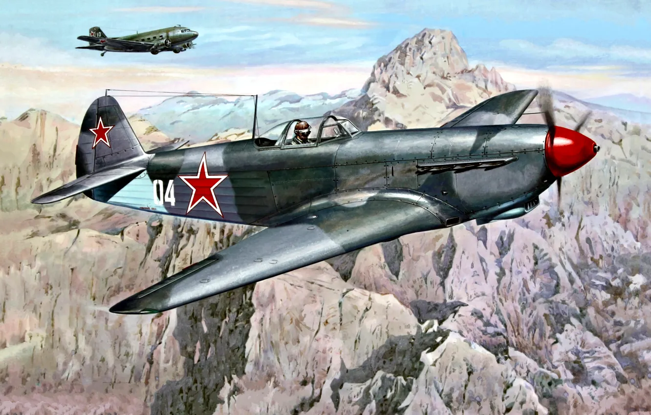 Фото обои истребитель, Советский, времён, Второй Мировой войны, Военно-транспортный, Ли-2, Як-9ДД, Дальнего Действия
