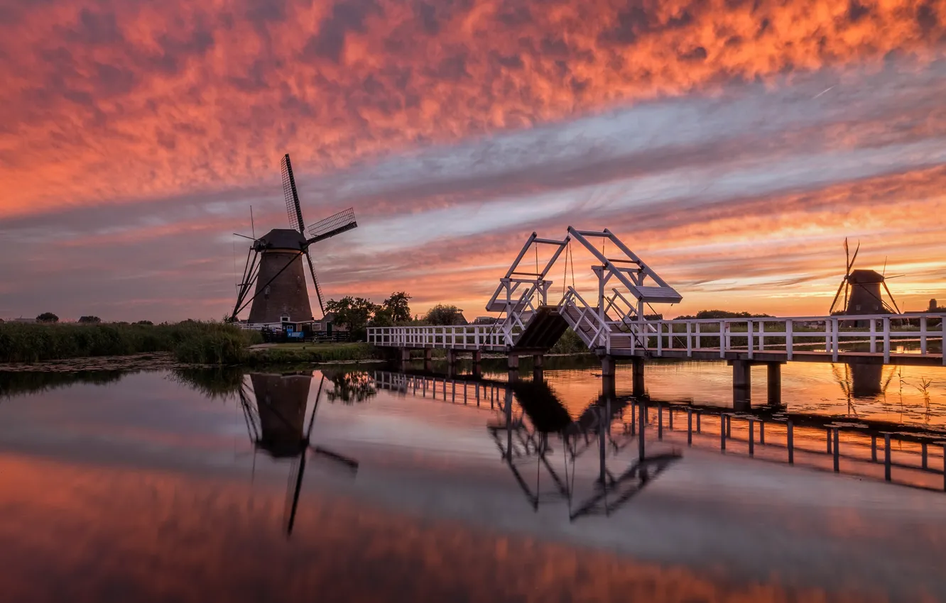 Фото обои вечер, мельница, Нидерланды, Голландия, Kinderdijk