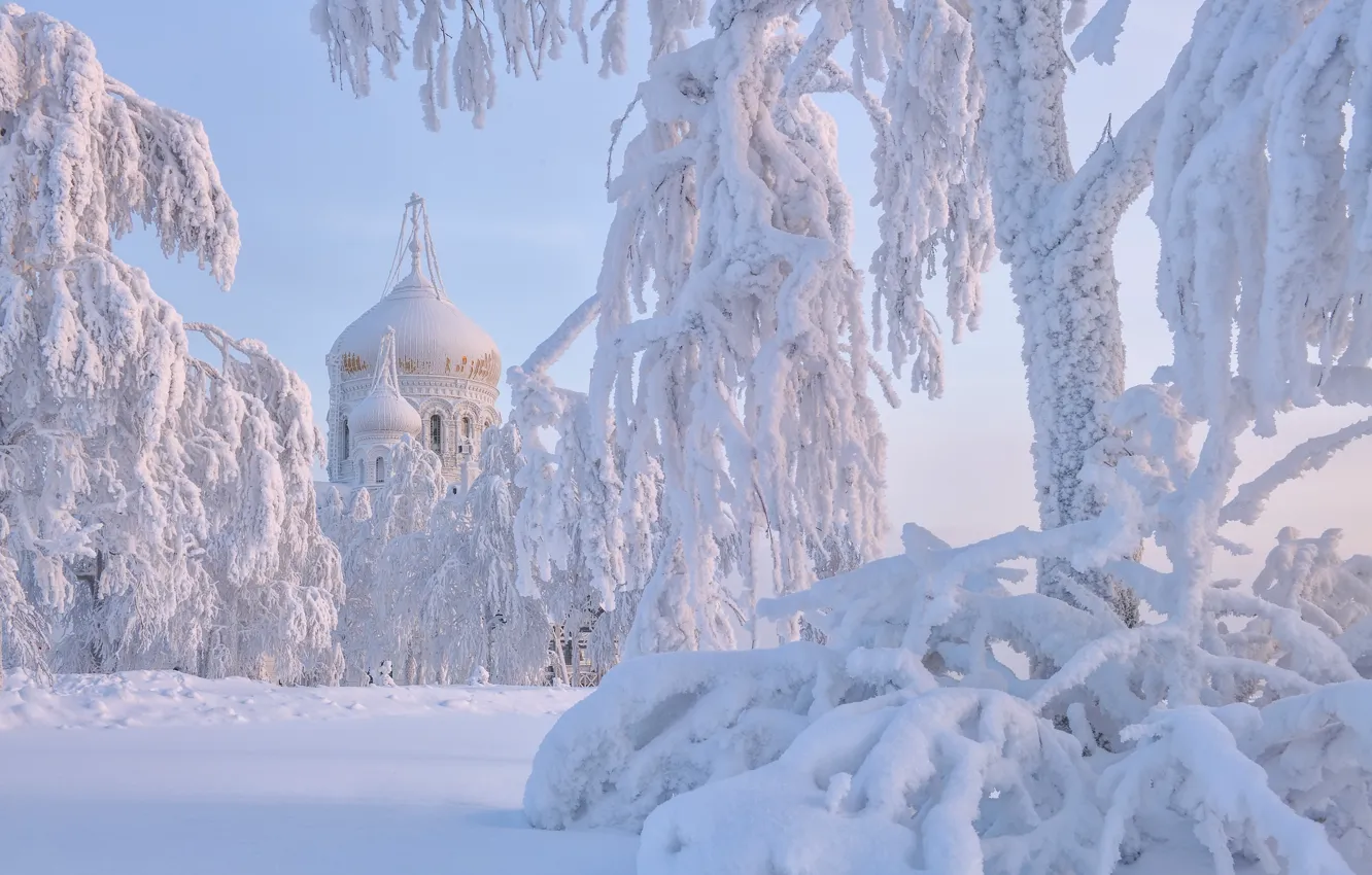Фото обои зима, снег, деревья, мороз, сугробы, храм, Россия, купола