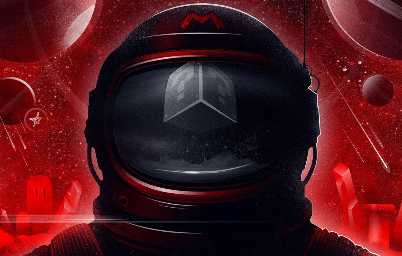Фото обои космос, планета, скафандр, шлем, Mario, красный фон