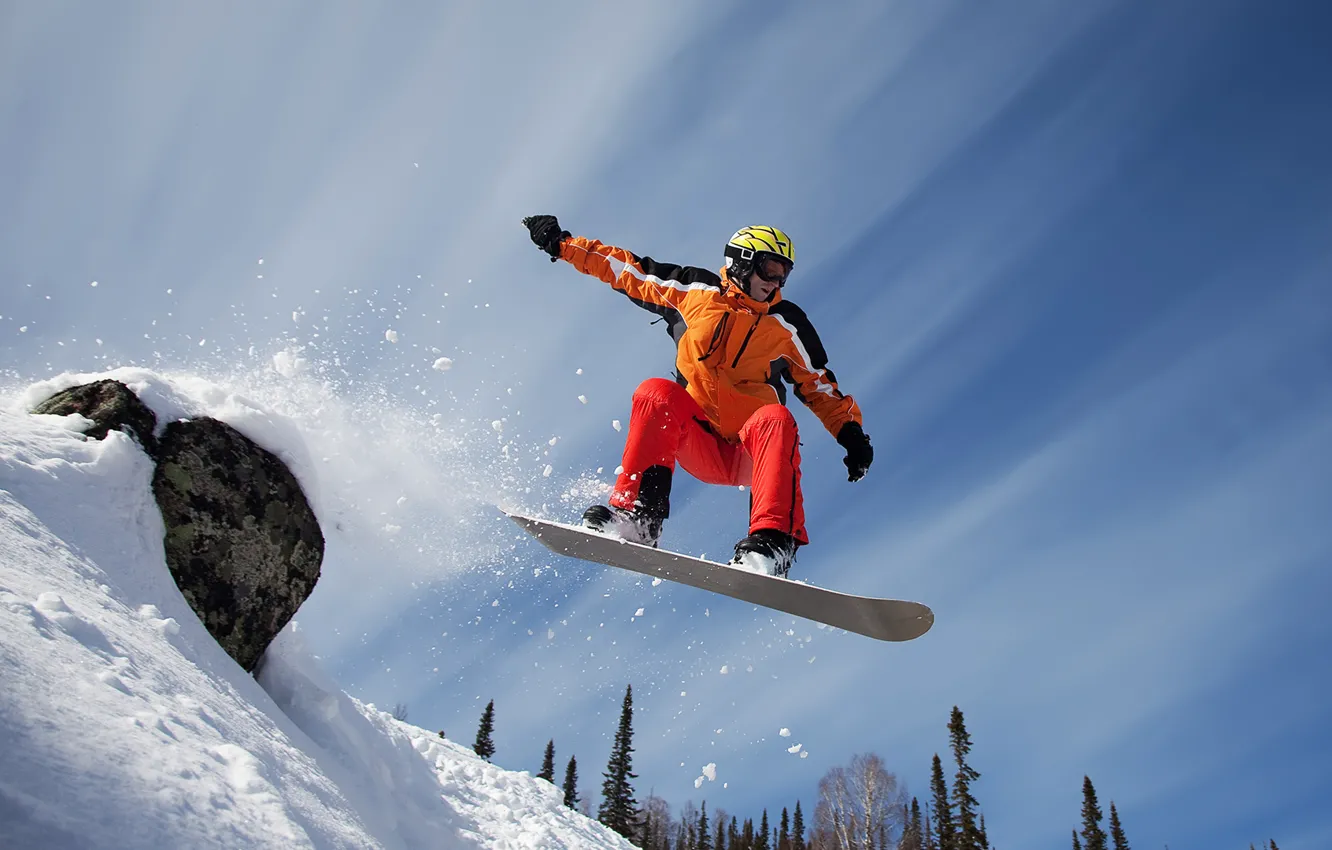 Фото обои снег, горы, сноуборд, спорт