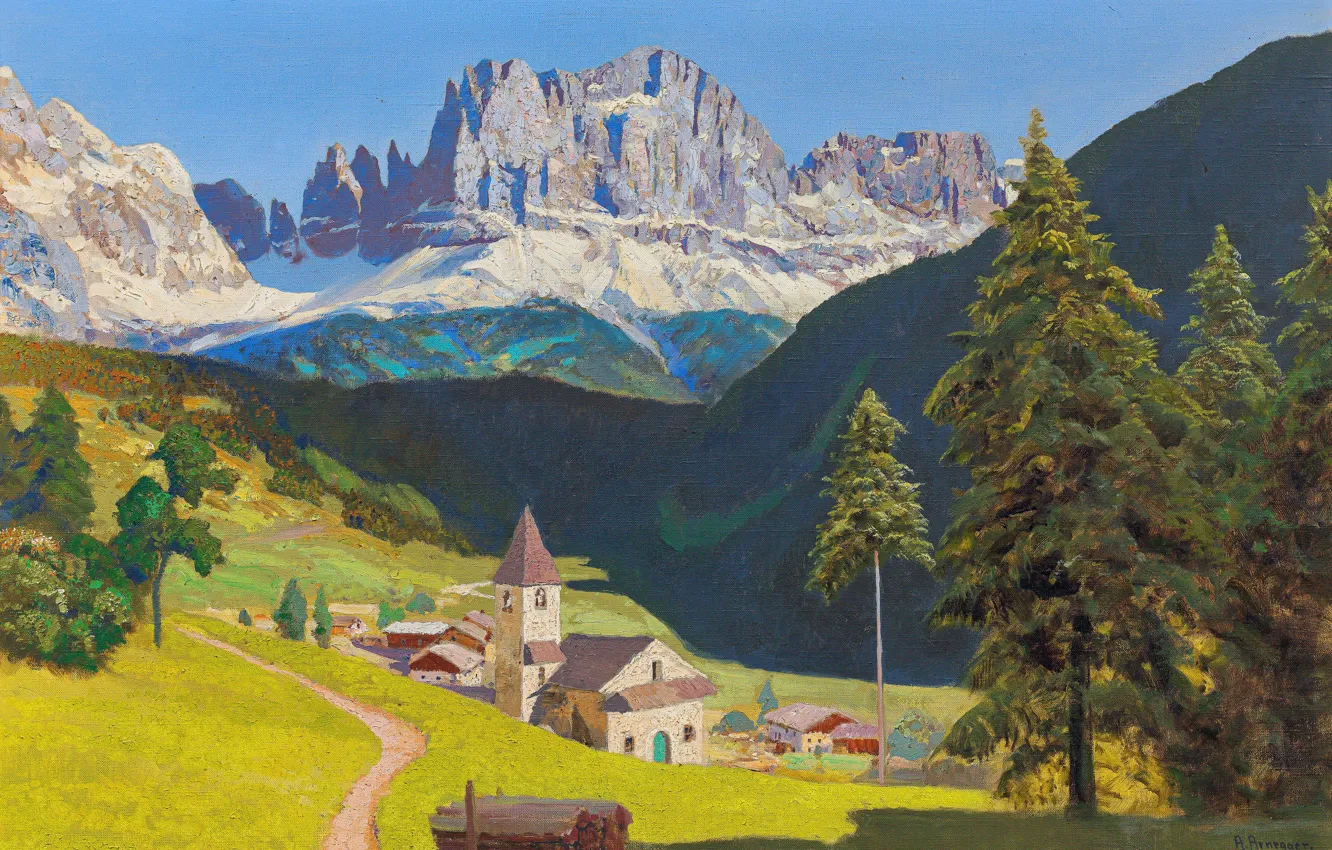 Фото обои Дома, Горы, Картина, Alois Arnegger, Алоис Арнеггер, Австрийский живописец, Берген весной, Вид на Розенгартен