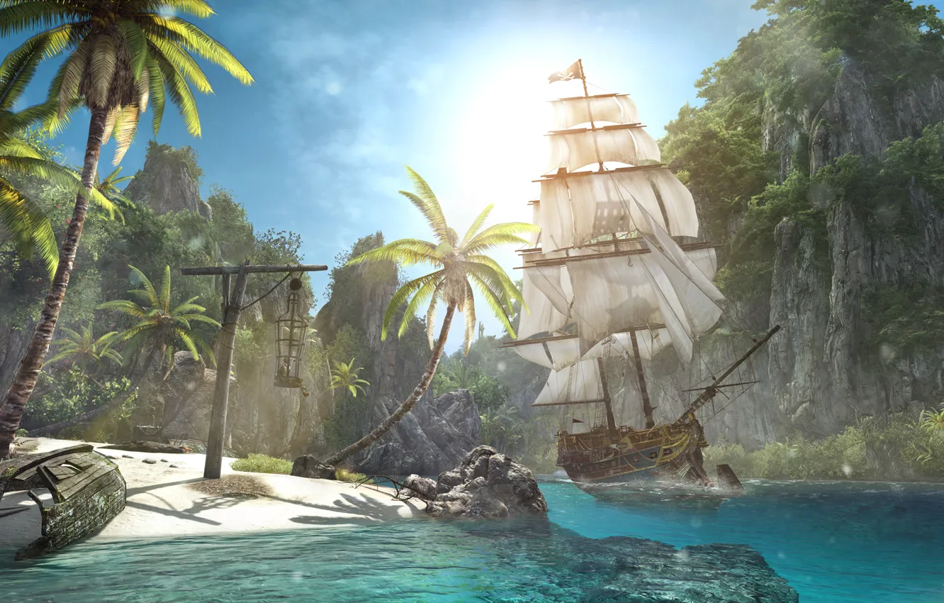 Фото обои пляж, берег, корабль, остров, Assassin's Creed IV: Black Flag