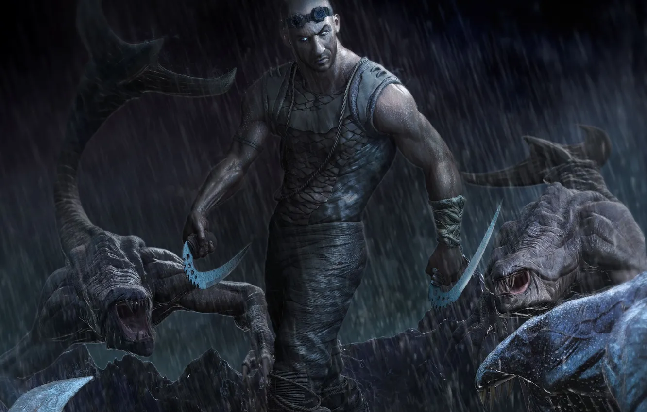 Фото обои дождь, арт, монстры, мужчина, Riddick