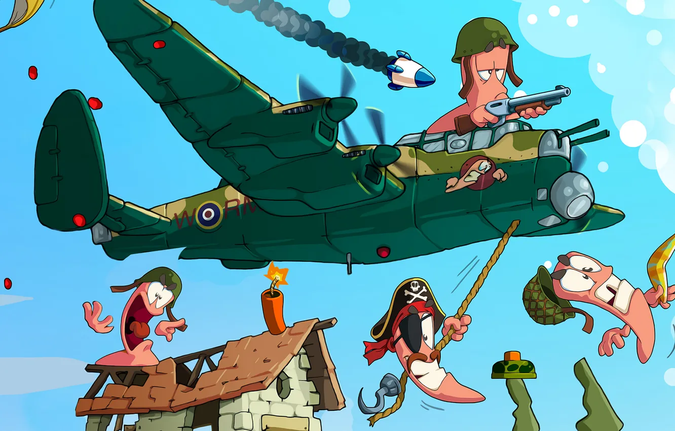 Фото обои самолет, веревка, пилот, динамит, мина, Worms, Червячки